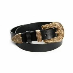Black Leather Belt With One Golden Ornament Buckle By Aggi