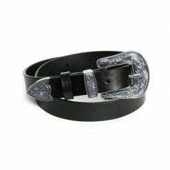 Black Leather Belt With One Silver Ornament Buckle By Aggi